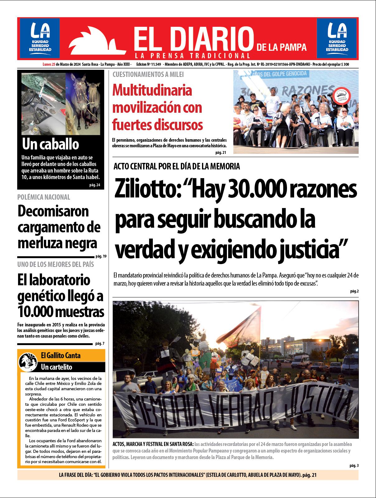 Tapa de El Diario en papel  lunes 25 de marzo de 2024